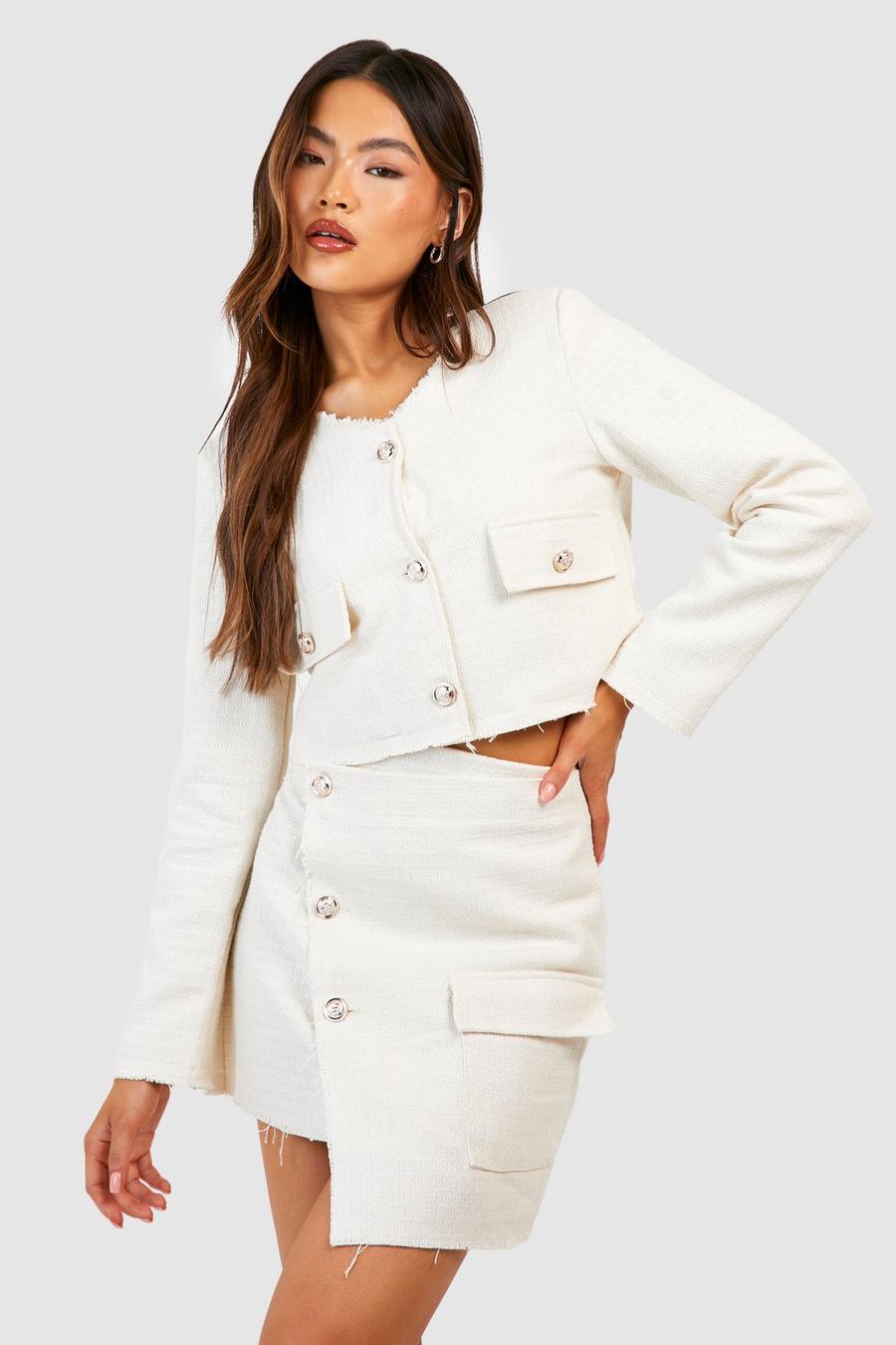 Cream white Tweed Button Front Frayed Edge Asymmetric Mini Skirt