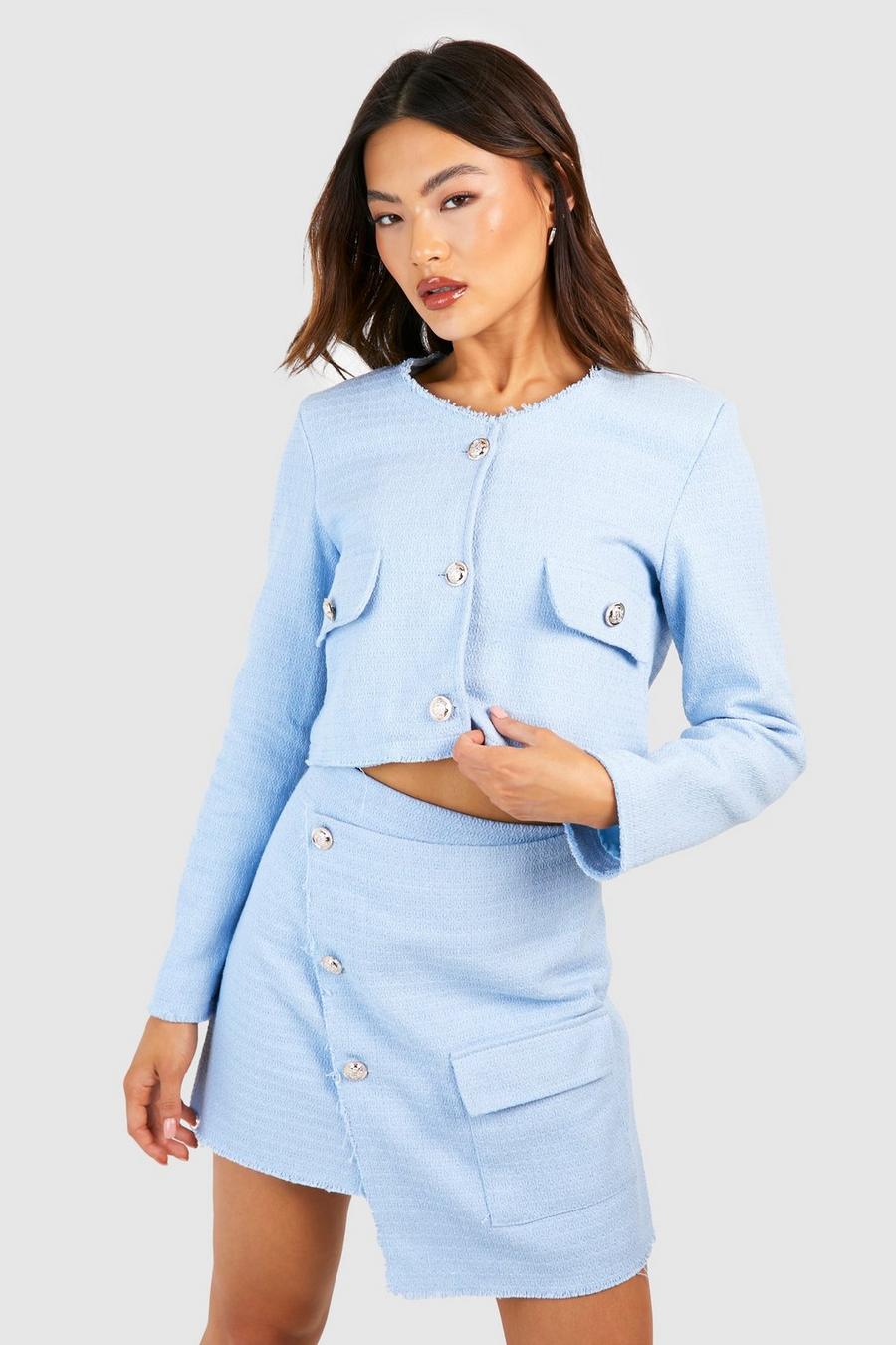 Kurzer Tweed-Blazer mit Knopfleiste und ausgefranstem Saum, Powder blue