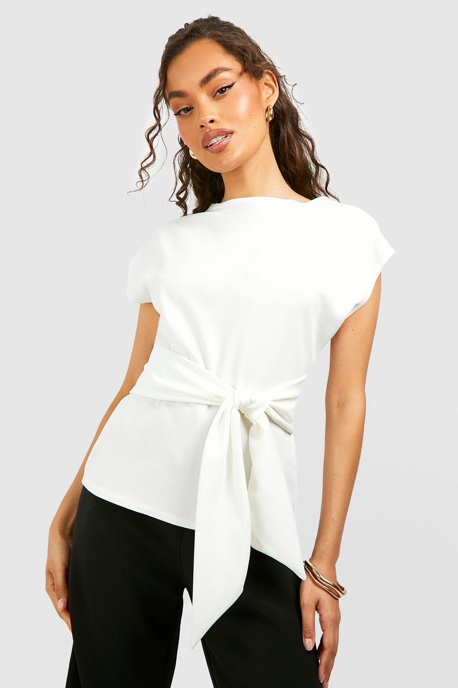 Blusa de tela crepé con atadura en la cintura y escote oblicuo, Ivory image number 1