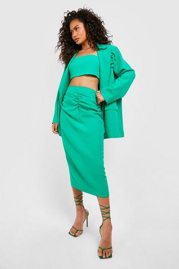 Green Ruched Front Tailored Midi Skirt