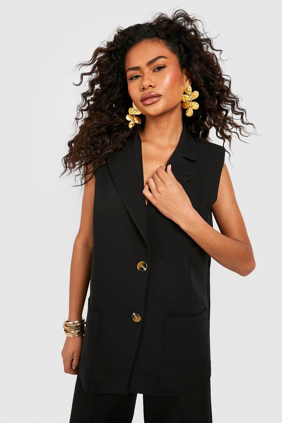 Black Longline Pocket Detail Tailored Sleeveless Blazer image number 1