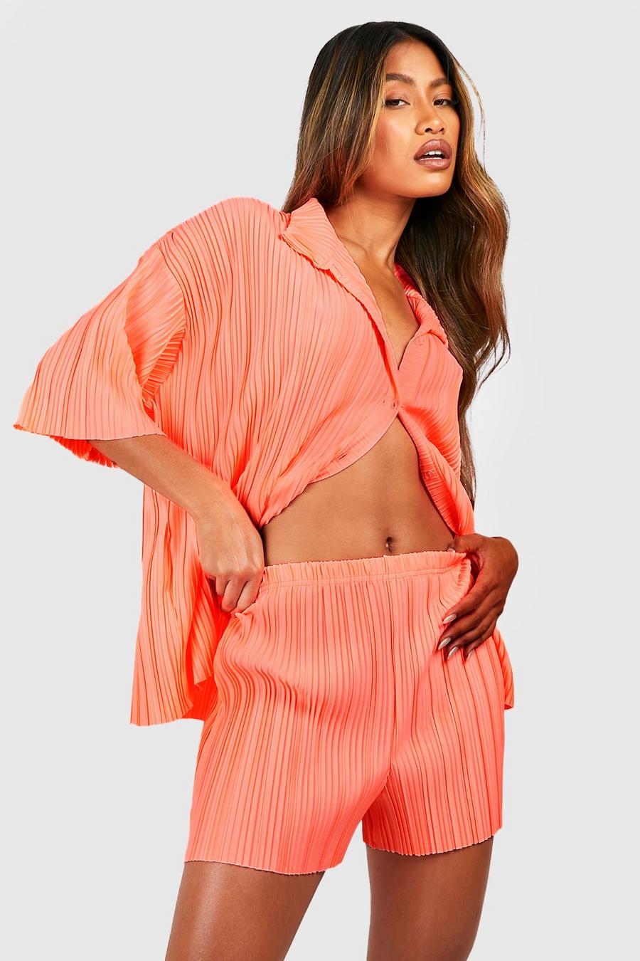 Neon-coral Neon Plisse Relaxed Fit Shorts