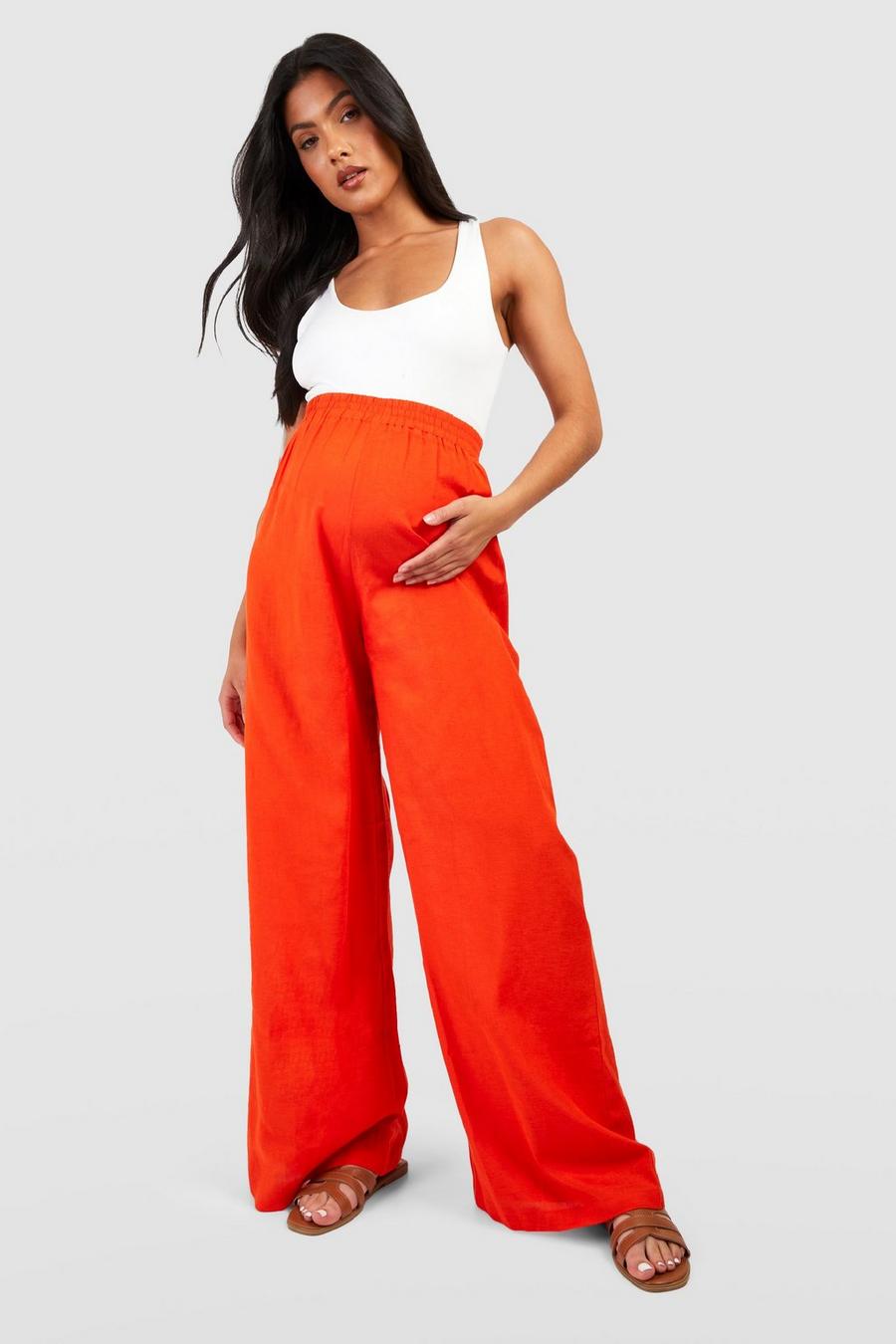 Orange Maternity Linen Drawstring Wide Leg Pants