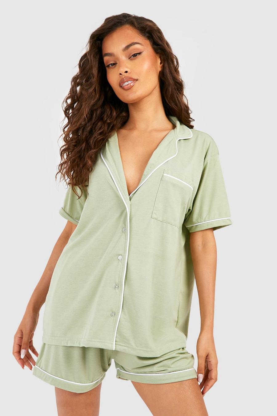 Sage grön Button Through Jersey Pyjama Short Set 