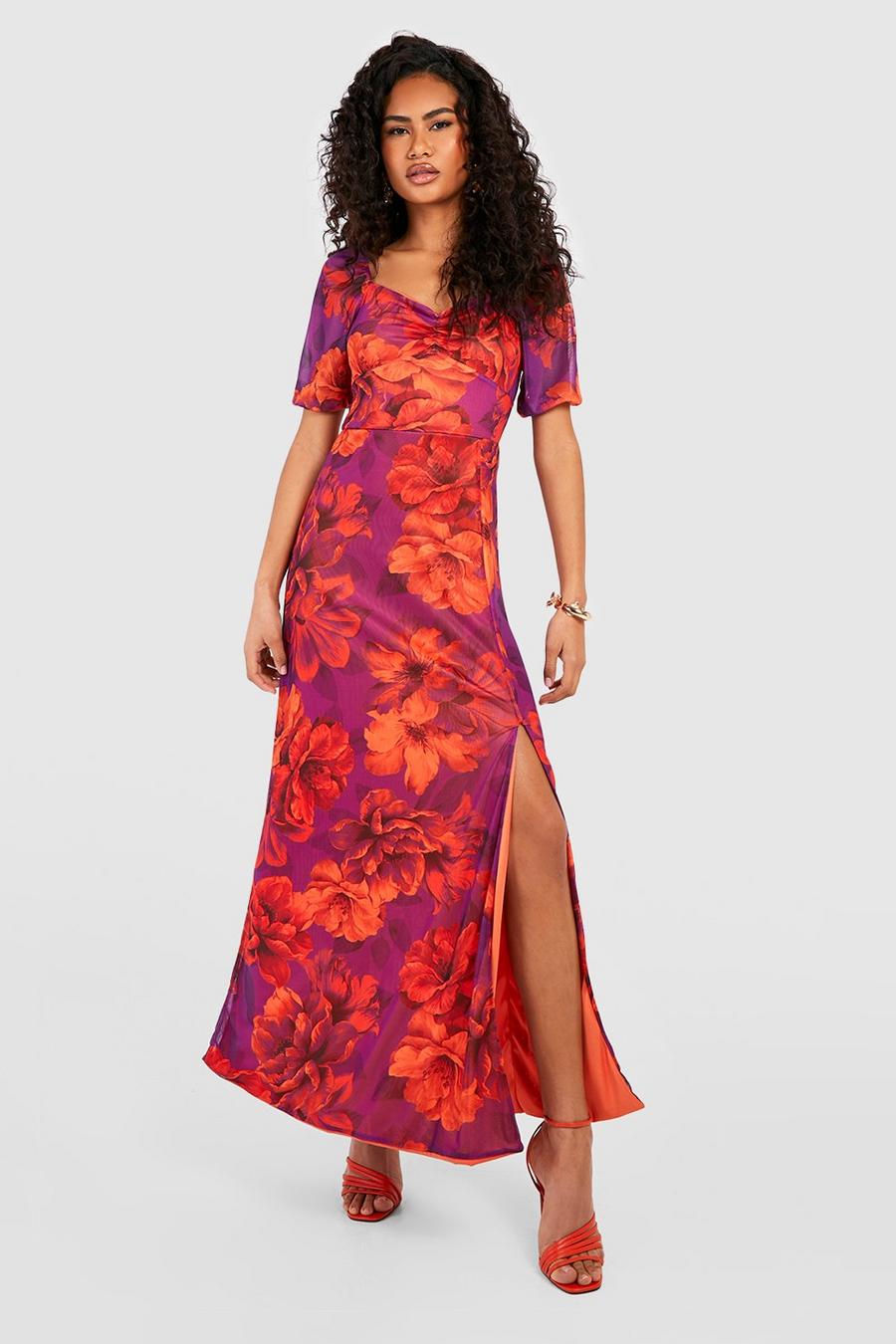 Purple Mesh Floral Puff Sleeve Maxi Dress image number 1