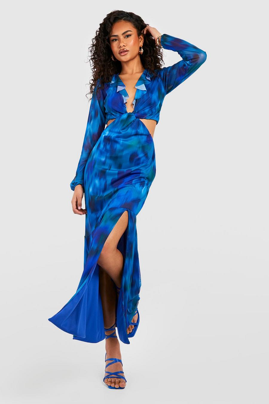 Blue Mesh Floral Cut Out Ruffle Maxi Dress image number 1