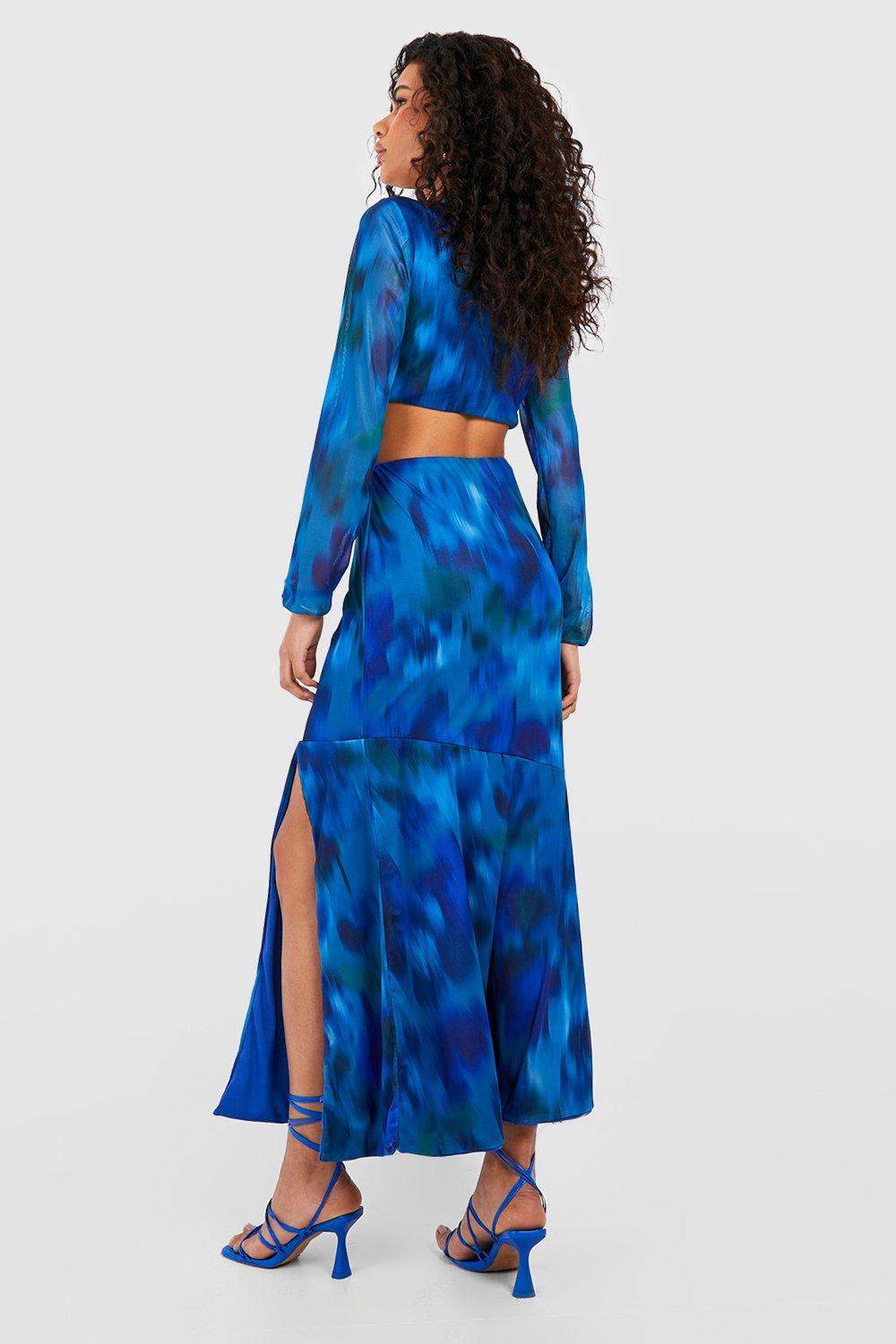 Blue Floral Maxi Dress With Cut Outs And Slit