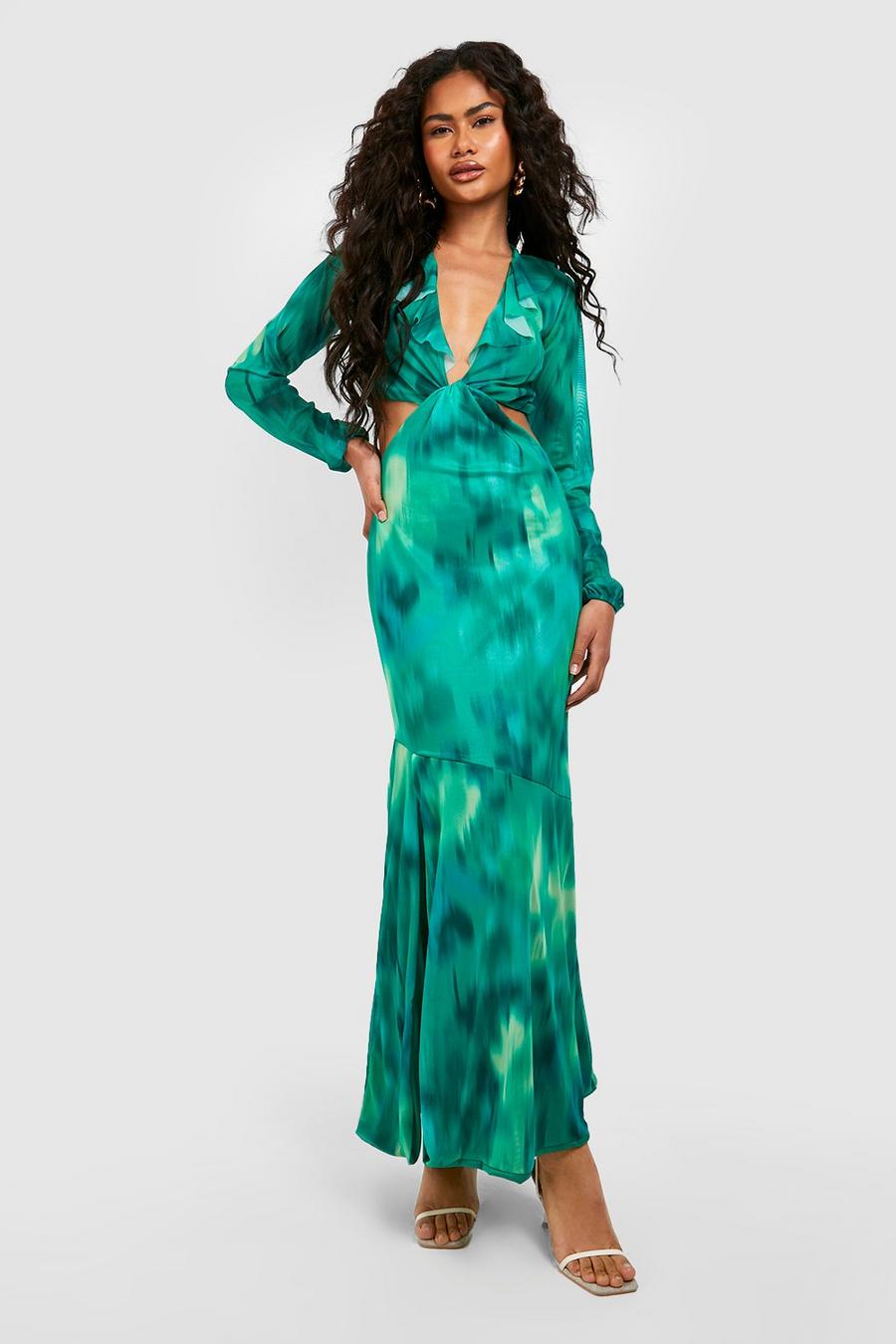 Green Mesh Floral Cut Out Ruffle Maxi Dress image number 1