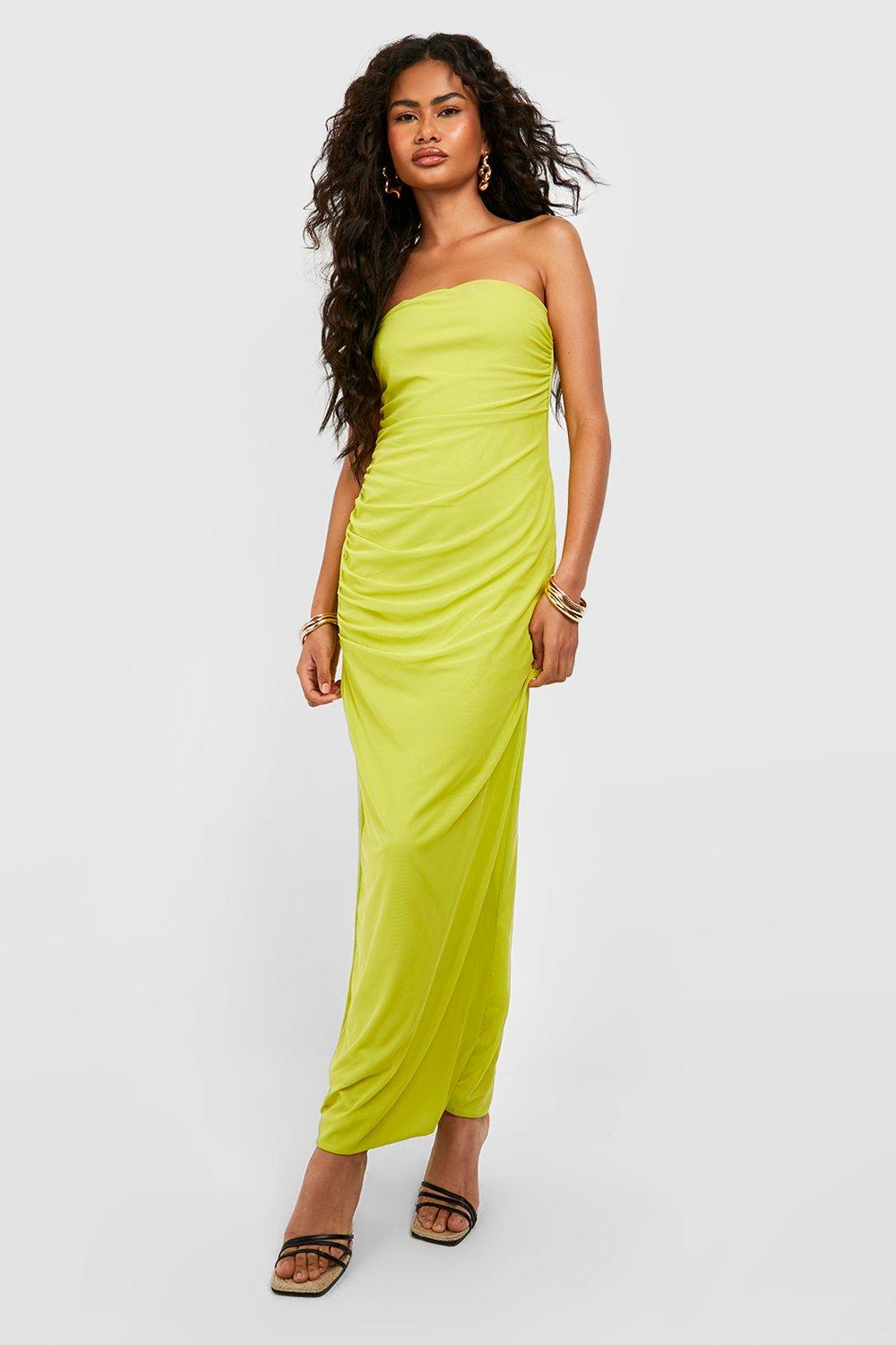 Mesh Ruched Bandeau Maxi Dress