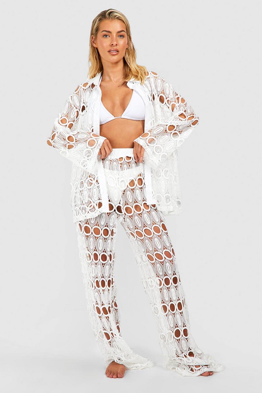 White Premium Open Lace Crochet Beach Pants image number 1