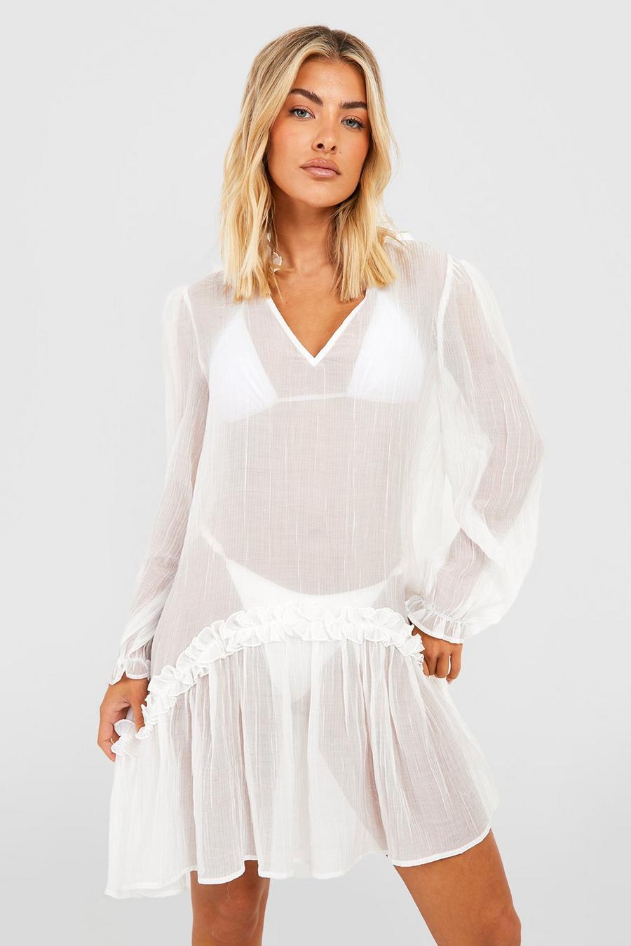 Cream Sheer Texture Ruffle Beach Cover-up Dress image number 1