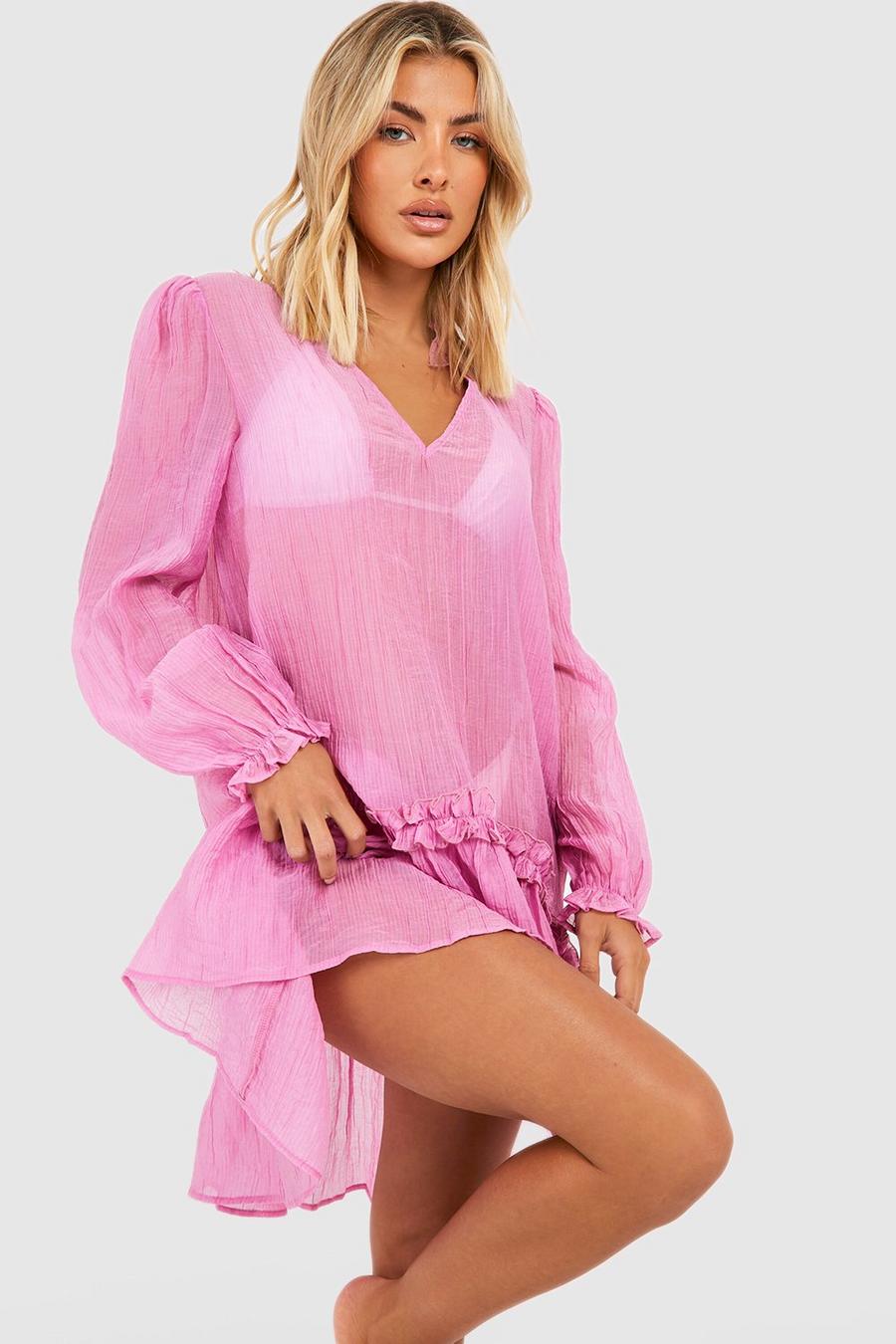 Pink Sheer Texture Ruffle Beach Cover-up Dress