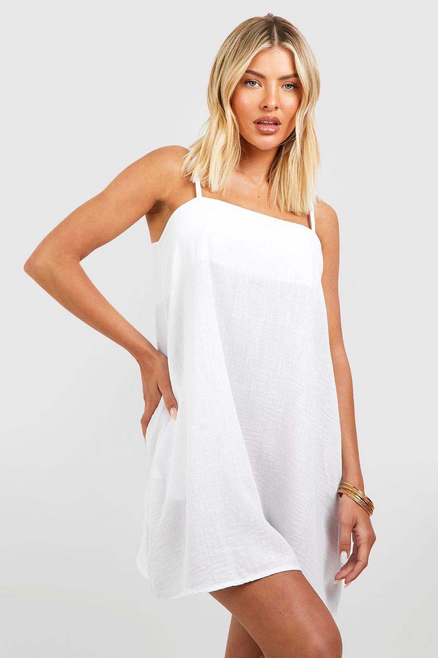 White Linen Look Strappy Beach Mini Dress image number 1