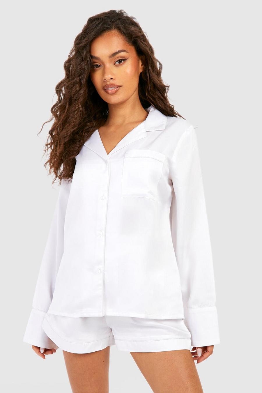 Pijama de raso Premium para novia con pantalón corto y lazo para el pelo bordado, White bianco