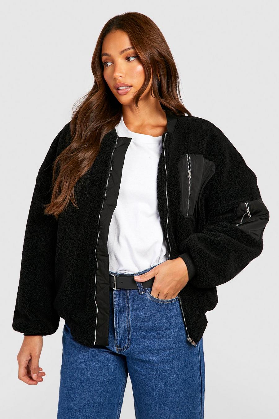 Black Tall Utility Pocket Teddy Faux Fur Bomber  image number 1