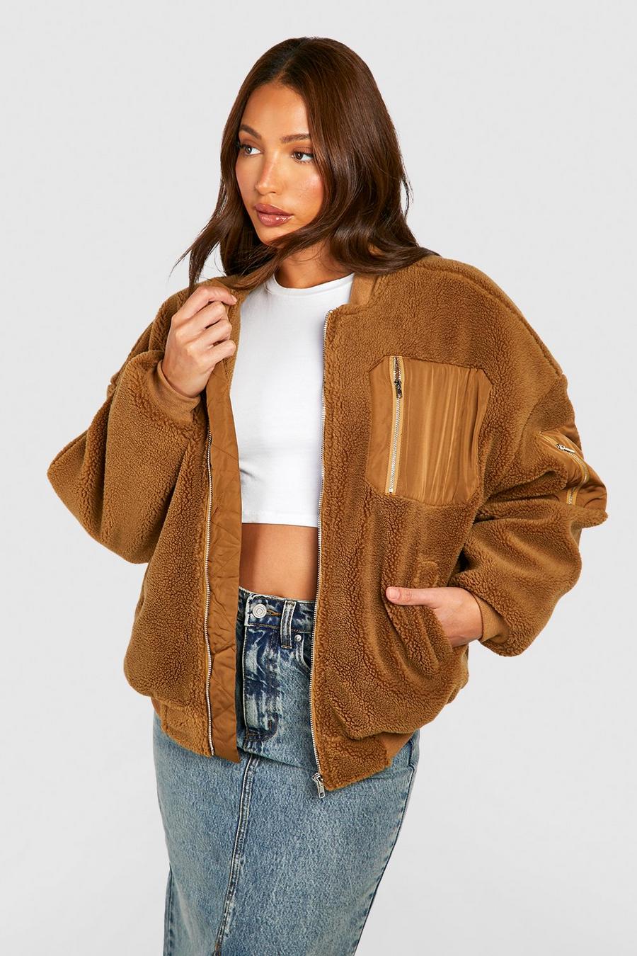 Camel Tall Utility Pocket Teddy Faux Fur Bomber  image number 1