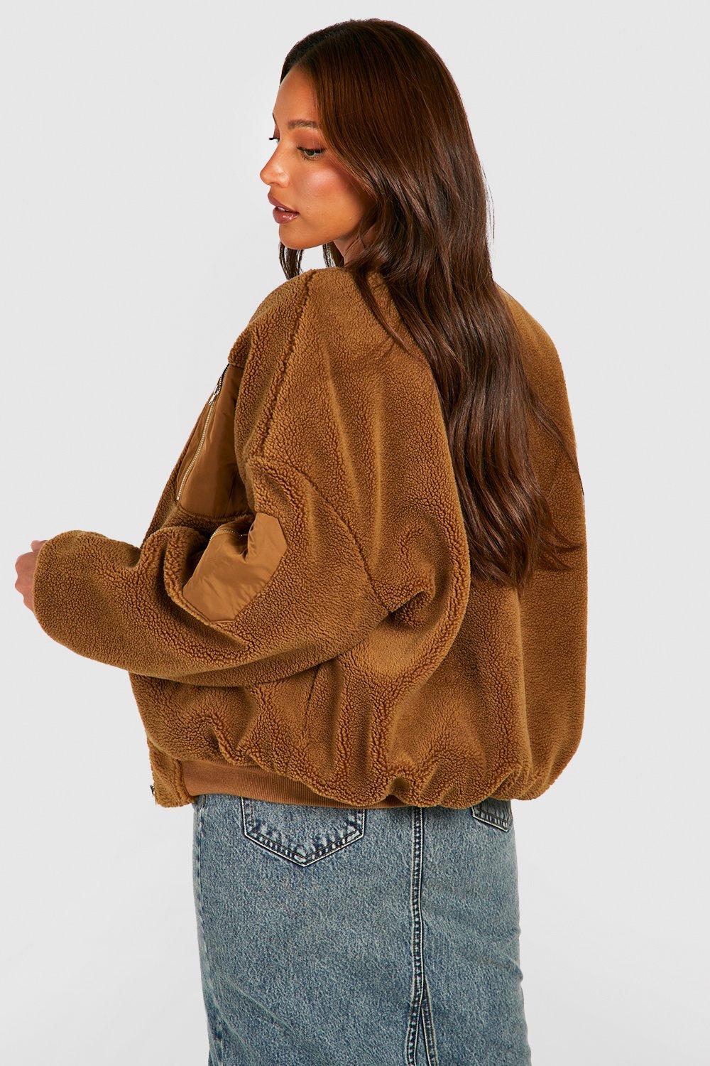 Camel faux hotsell fur bomber jacket