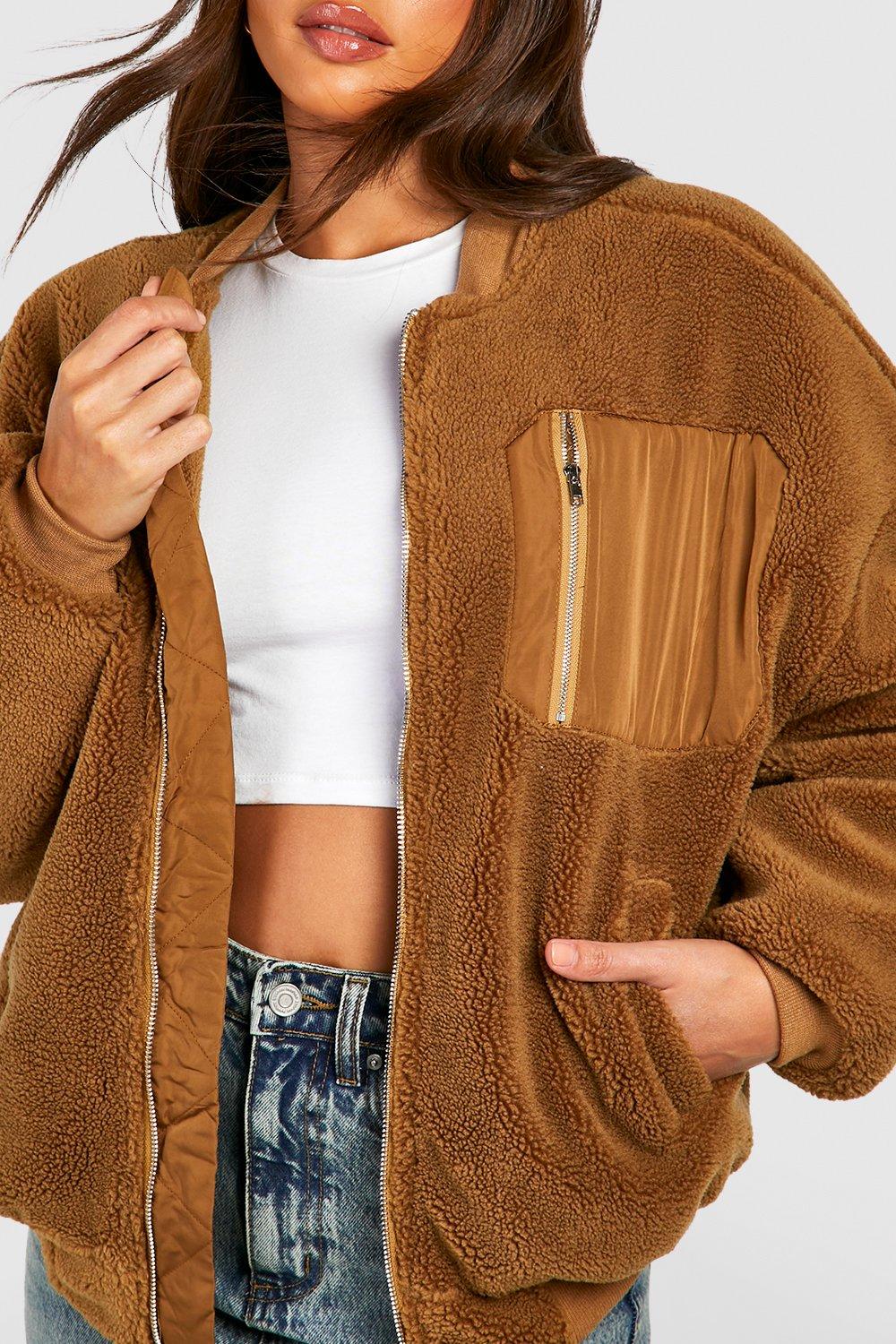 Camel teddy 2025 fur bomber jacket