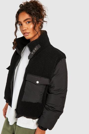 Tall Teddy Detail Utility Pocket Puffer Jacket black