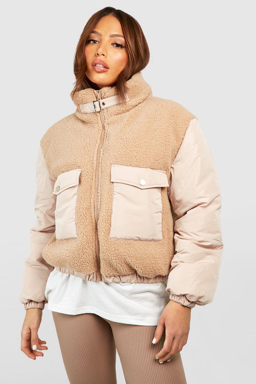 Stone Tall Teddy Detail Utility Pocket Puffer Jacket  image number 1