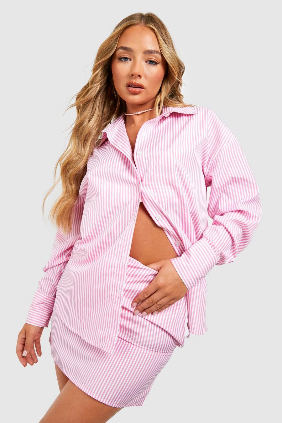 Candy pink Randig oversize skjorta och minikjol i poplin image number 1