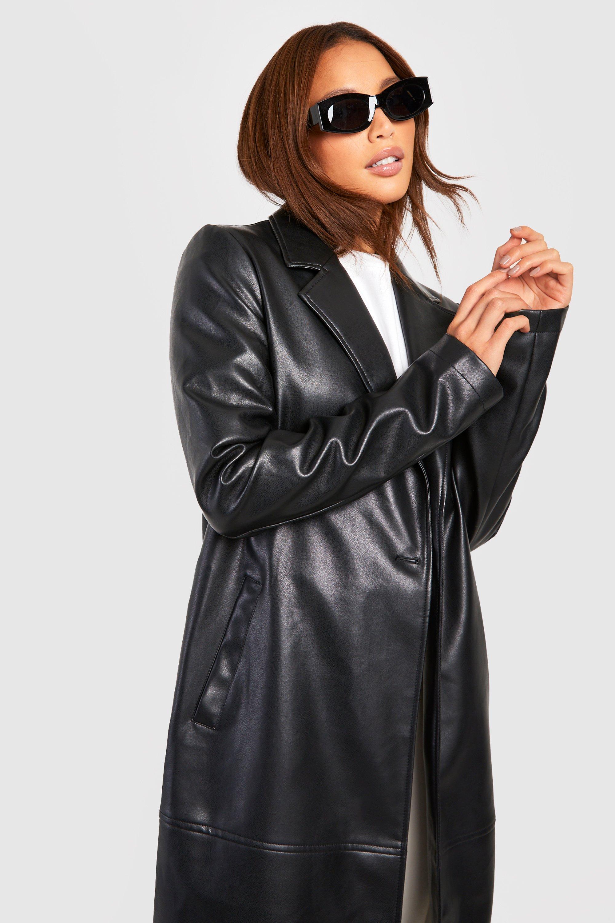 Black leather longline store jacket