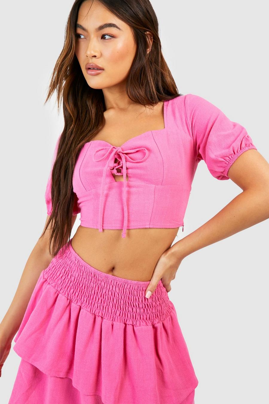 Top effetto lino con dettagli stile corsetto e maniche a sbuffo, Pink image number 1