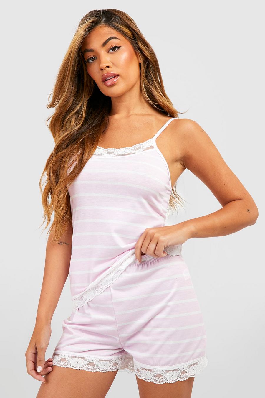 Pink Stripe Lace Trim Jersey Knit Cami & Short Pajama Set image number 1