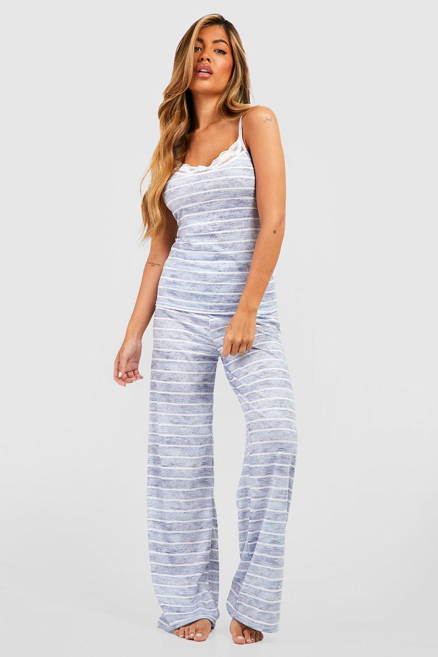 Grey marl Stripe Lace Trim Jersey Knit Cami & Pants Pajama Set image number 1