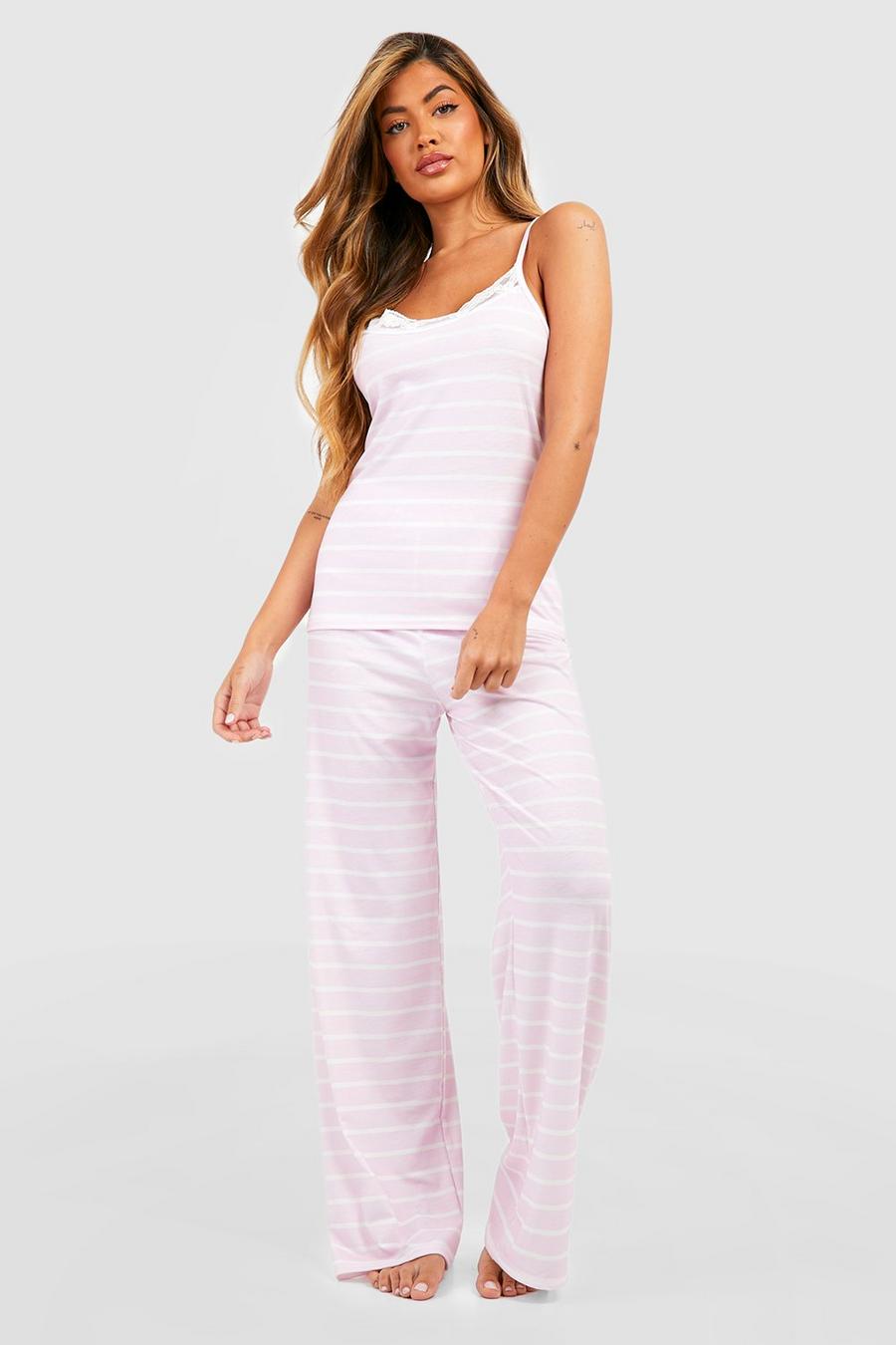 Pijama de pantalón largo y camisola de tela jersey con ribete de encaje y rayas, Pink image number 1