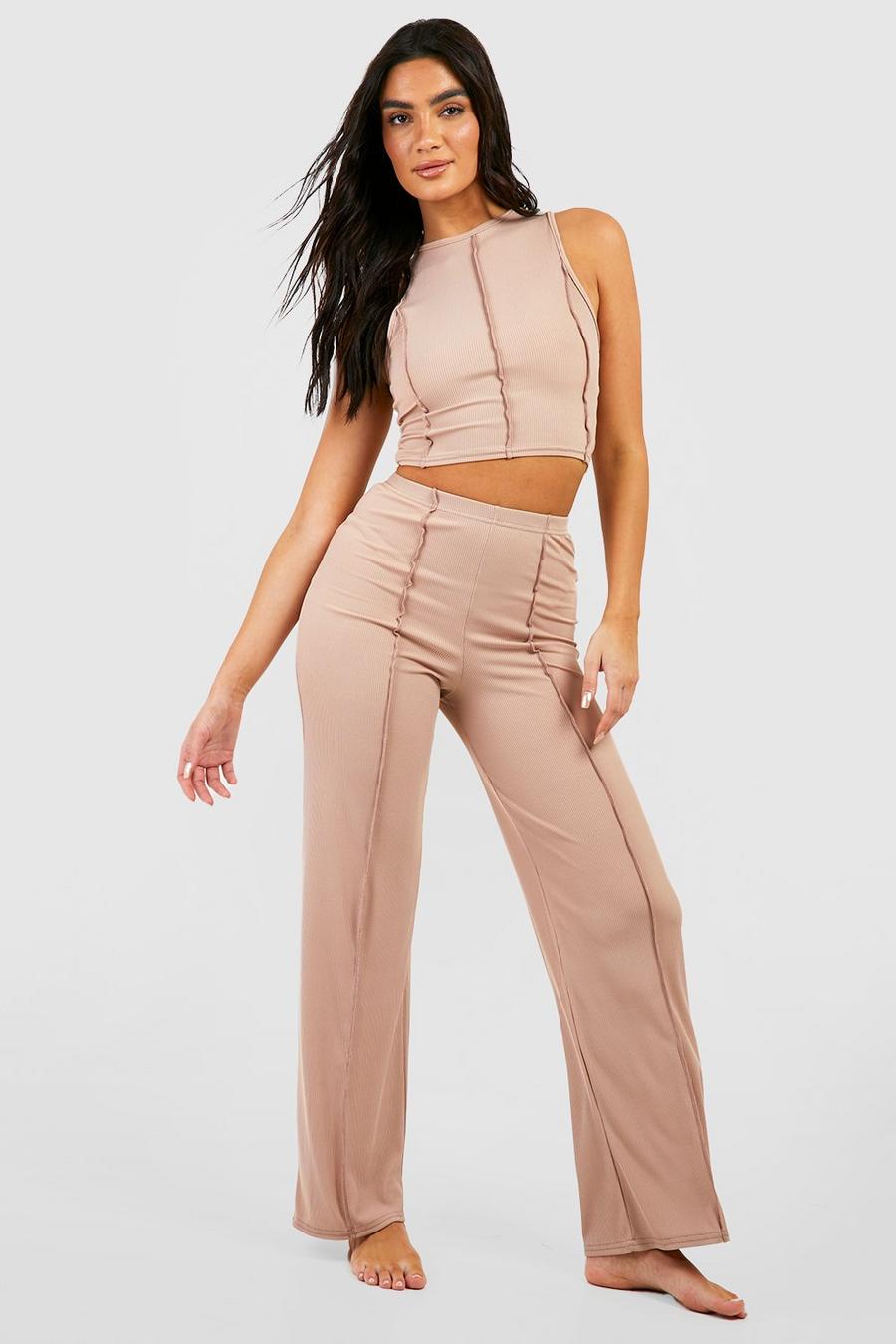 Camel Exposed Seam Ribbed Straight Leg Pants image number 1