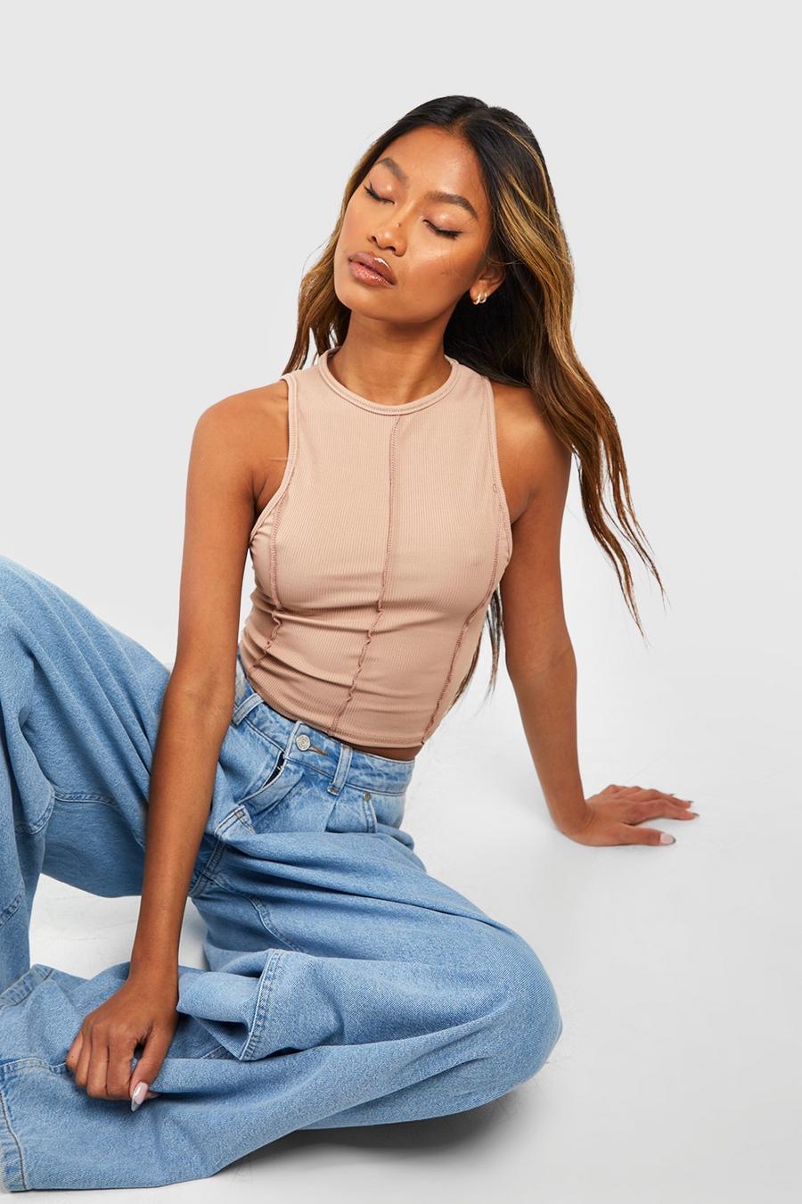 Camel beige Exposed Seam Ribbed Cropped Racer Tank Top