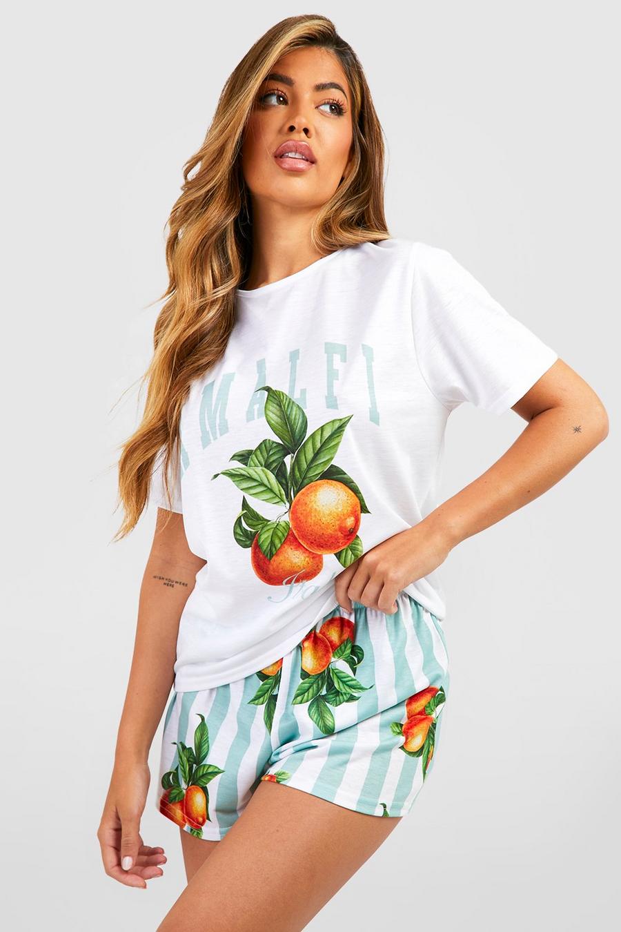 Jersey Pyjama Shorts-Set mit Amalfi Obst-Print, White image number 1