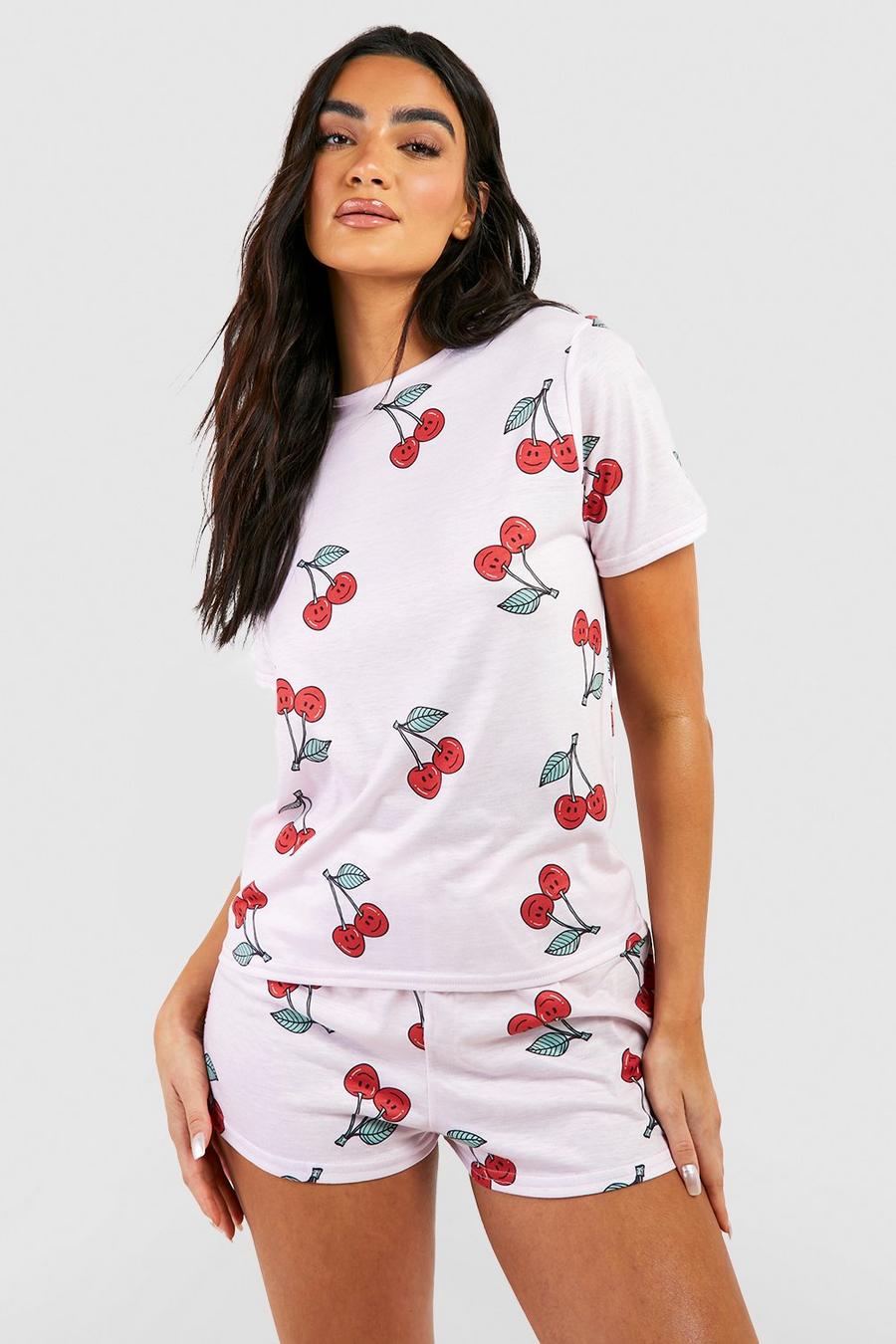 Jersey Pyjama Shorts-Set mit Kirsch-Print, Pink image number 1