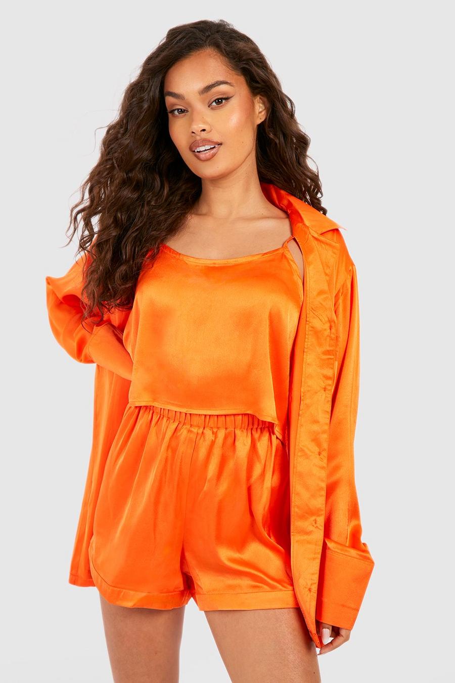Orange 3-Delige Oversized Satijnen Pyjama Set Met Shorts