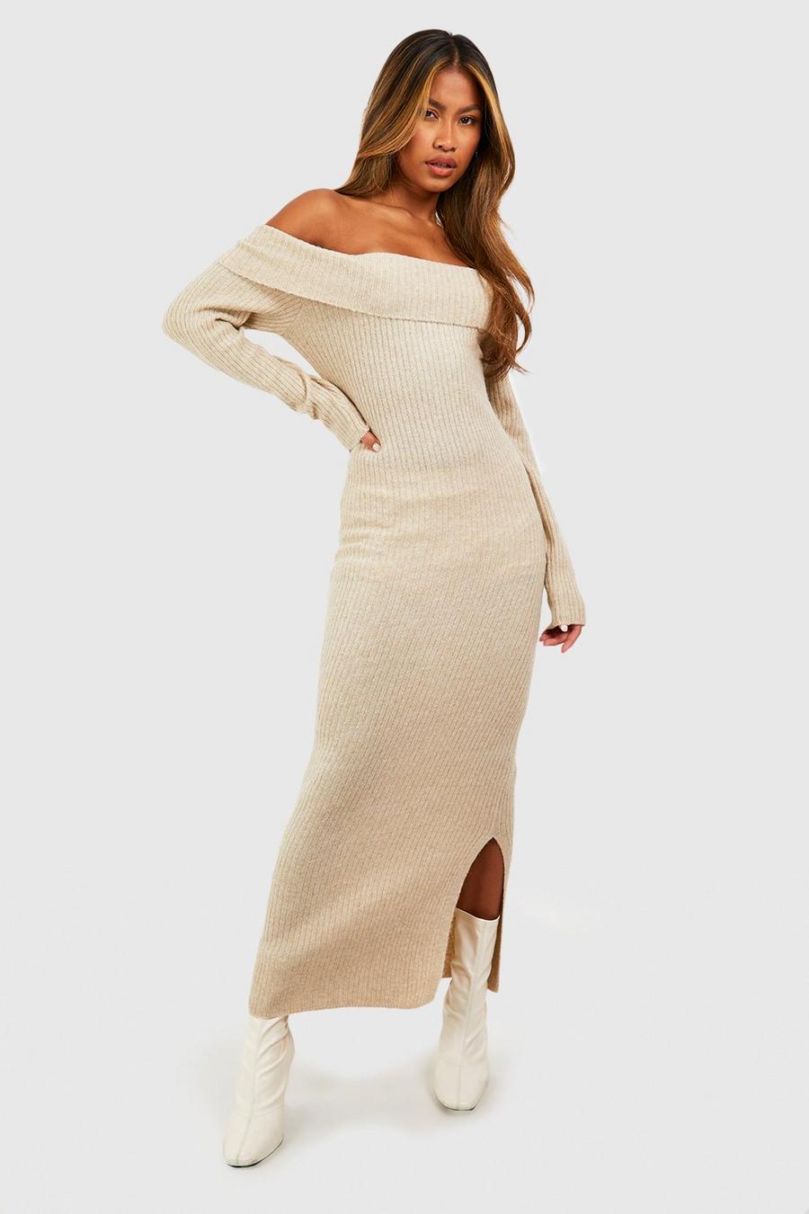 Stone beige Soft Knit Off The Shoulder Maxi Jupmer Dress
