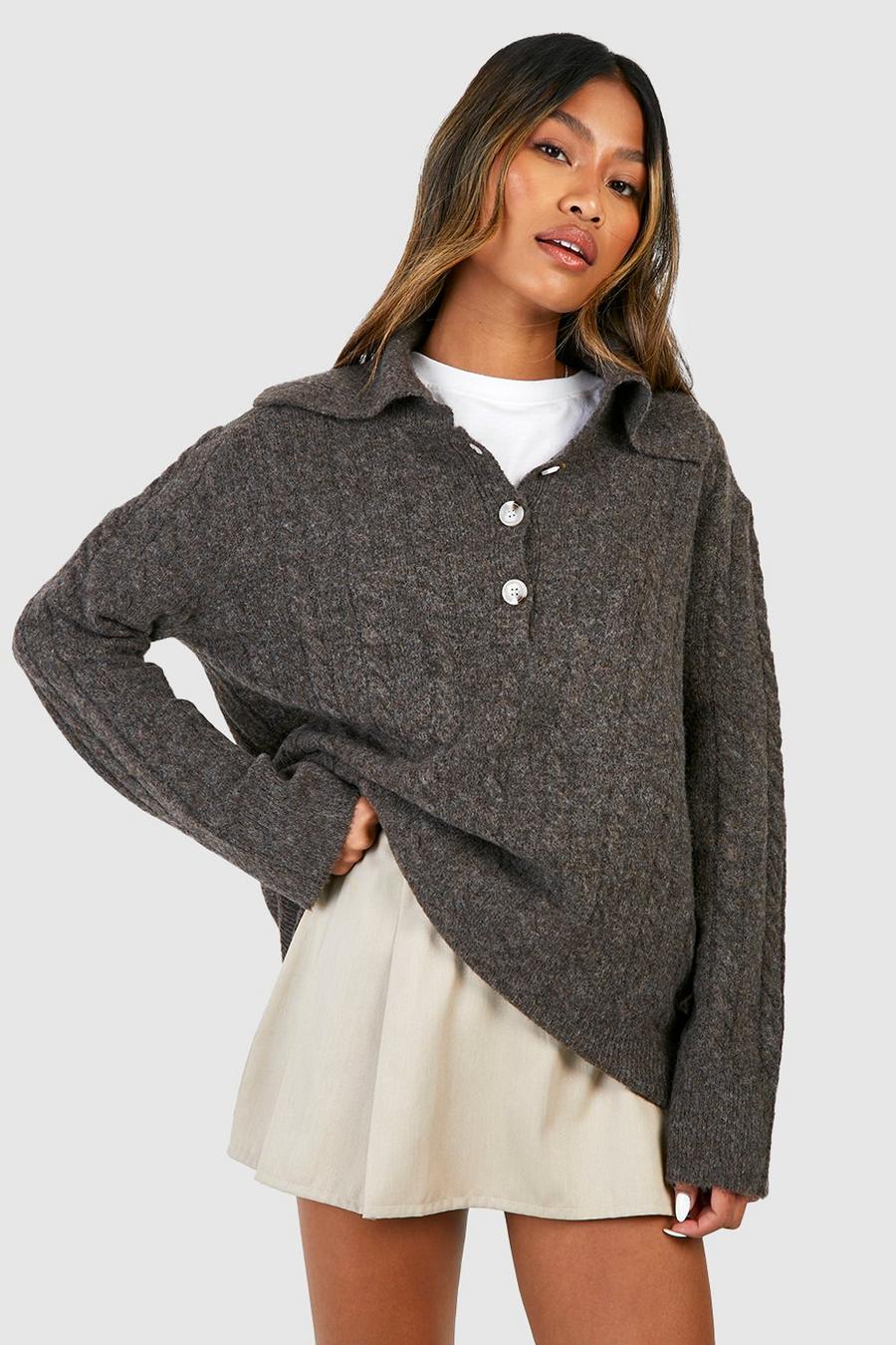 Chocolate brown Soft Cable Knit Polo Collar Sweater image number 1