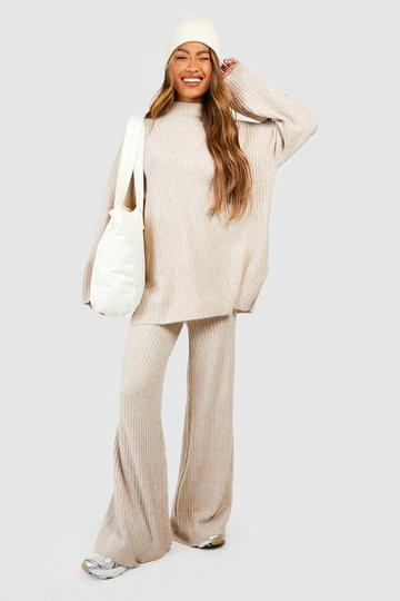 Camel Beige Soft Rib Knit Wide Leg Trousers