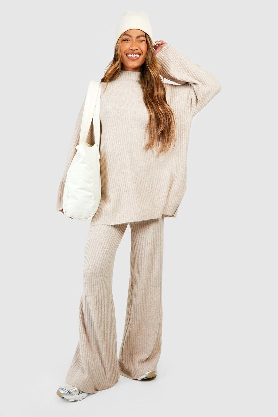 Camel beis Soft Rib Knit Wide Leg Trousers