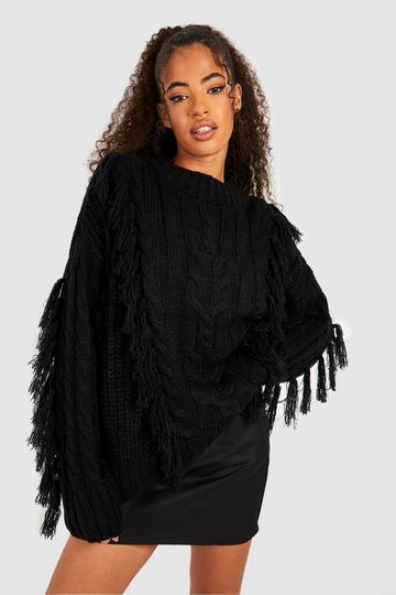 Chunky Cable Knit Tassel Sweater black