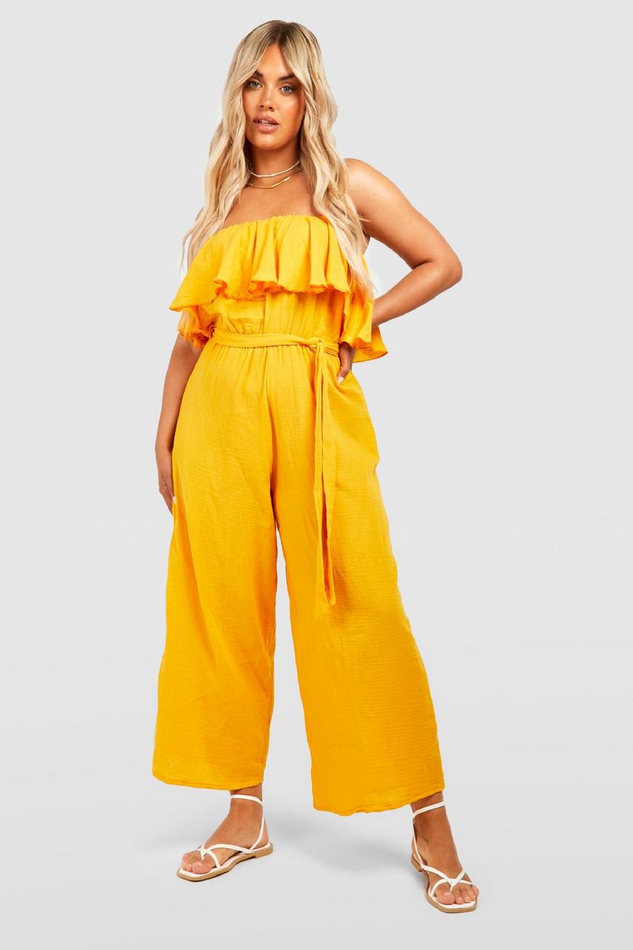 Mustard yellow Plus Frill Belted Cheesecloth Jumpsuit
