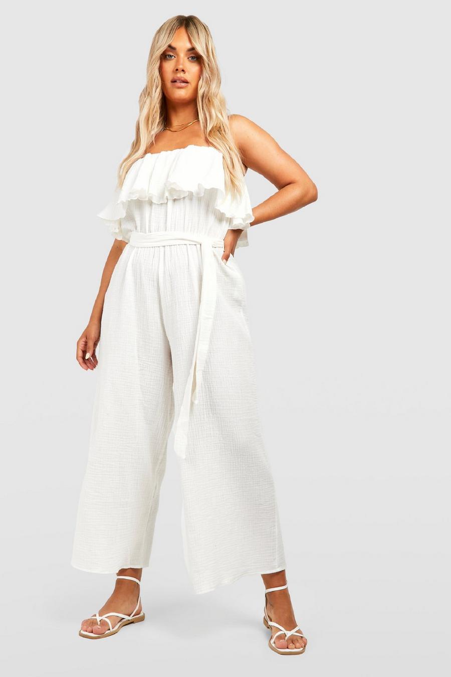 White Plus Frill Belted Cheesecloth Jumpsuit image number 1