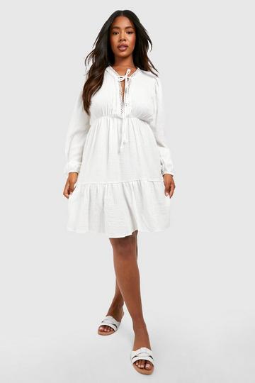 Plus Cheesecloth Tie Smock Dress white