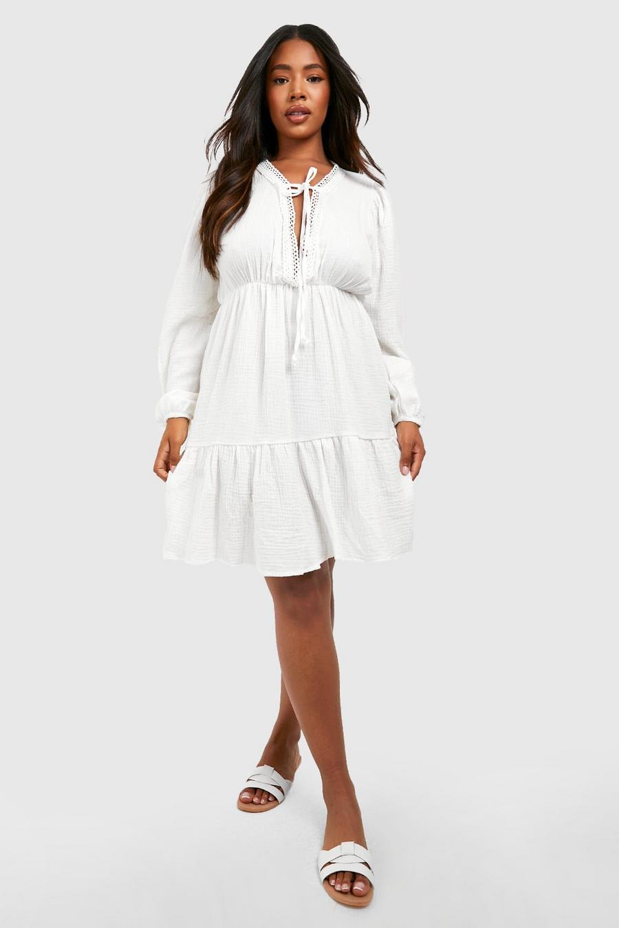 White Plus Cheesecloth Tie Smock Dress image number 1