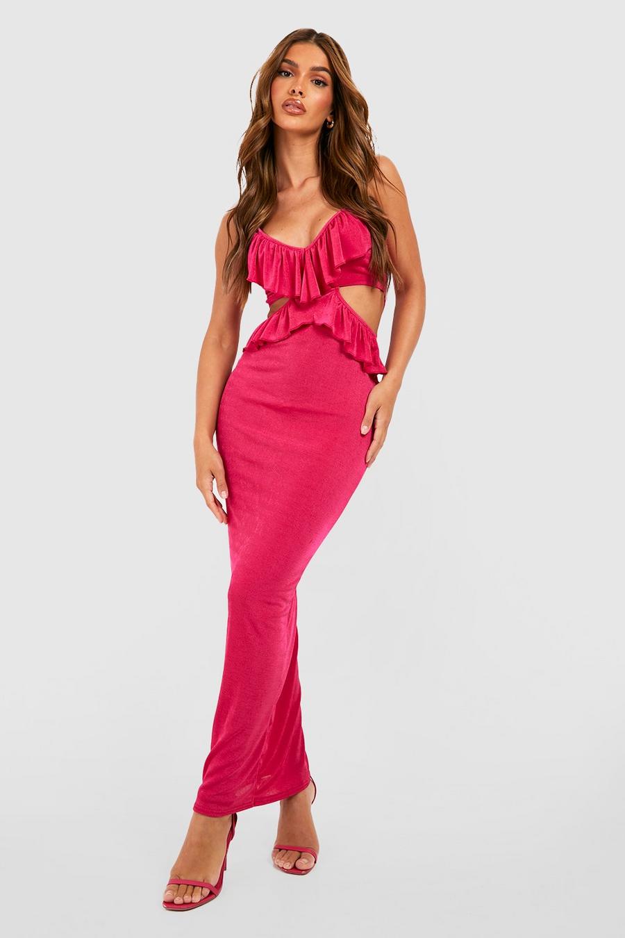 Cerise Textured Slinky Ruffle Cut Out Midaxi Dress image number 1