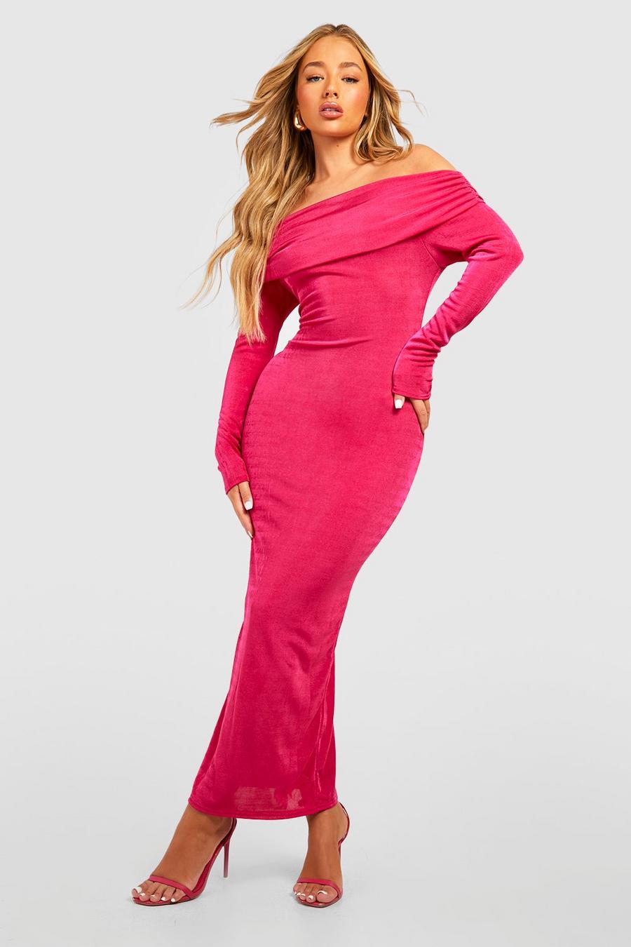 Cerise pink Textured Slinky Off The Shoulder Maxi Dress