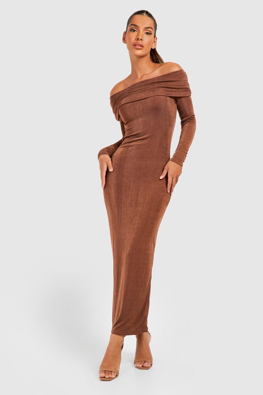 Chocolate Textured Slinky Off The Shoulder Maxi Dress image number 1
