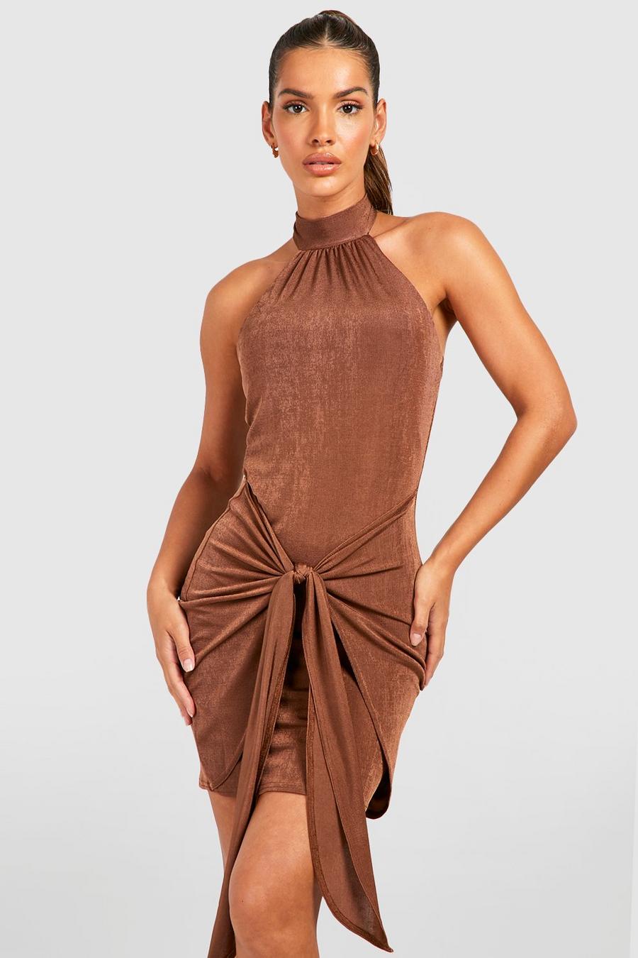 Chocolate Textured Slinky Halter Draped Mini Dress image number 1