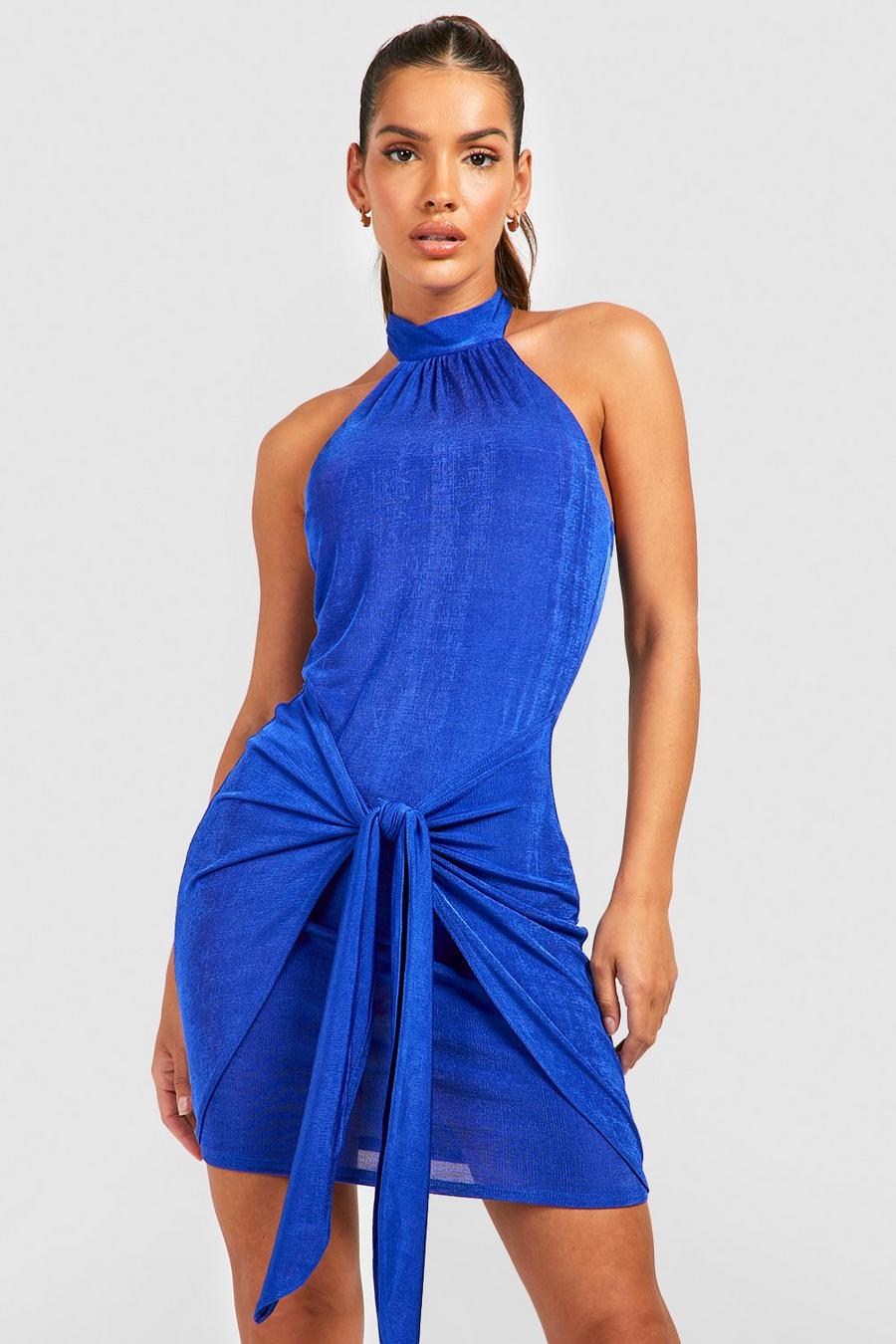 Cobalt Textured Slinky Halter Draped Mini Dress image number 1