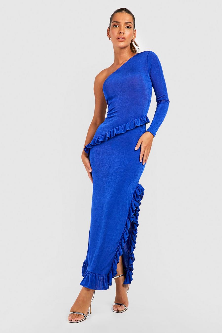 Cobalt blue Textured Slinky Ruffle One Shoulder Maxi Dress